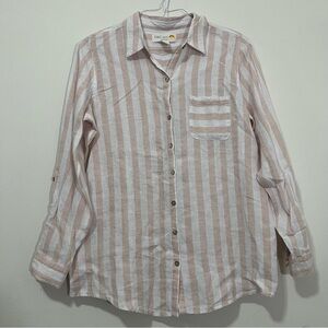 C&C California 100% Linen Button Up Shirt Striped Rolled Tab Long Sleeve Sz M